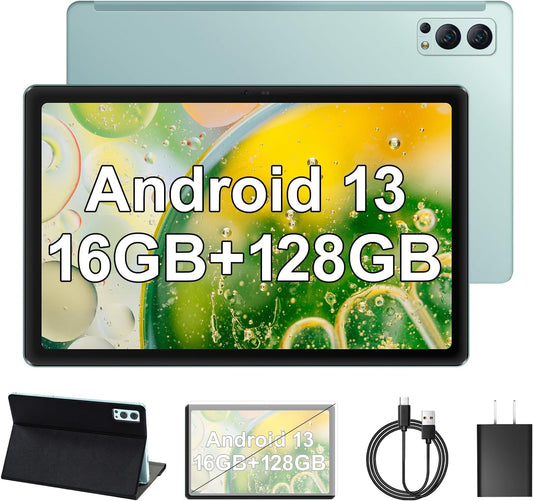 10 inch Tablet with Case, 8-core Android 13 Tablet with 16GB RAM 128GB ROM, 2000 * 1200 IPS 10.36in Large Screen Gaming Tablet, 7500mAh, 5MP+13MP Camera, Screen Protector&Case Included