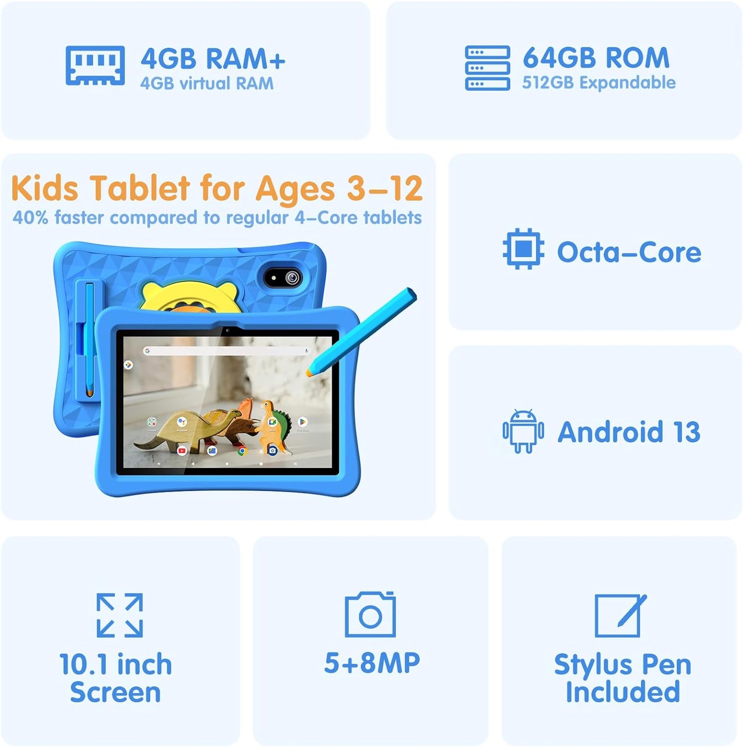 Kids Tablet 10 inch with Stylus Pen&Case, 8-core 4GB RAM 64GB ROM Tablet for Kids, KIDOZ Pre-Installed Toddlers Tablet, 7000mAh Childrens Tablets with Parental Control, GMS Certified